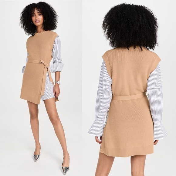 SIMKHAI Shai Combo Knit Belted Crewneck Mini Dress Camel NEW with tag - Picture 2 of 10